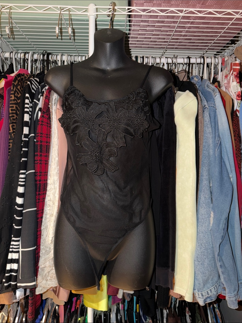 Black Floral Applique Sheer Bodysuit - Women Intimates & Sleepwear